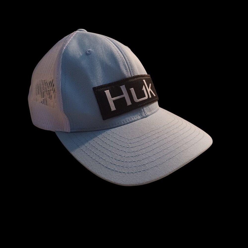 HUK Mens Trucker Hat Snapback Fishing Cap Light Blue Bold Patch